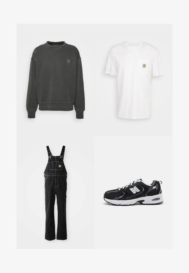 Carhartt WIP NELSON - Mikina - black garment dyed; Biele bavlnené tričko s krátkymi rukávmi, vreckom na hrudi a malou štvorcovou nášivkou v oranžovej a bielej farbe na vrecku.; Čierne denimové traky sú vybavené nastaviteľnými popruhmi, prednou vreckom a zlatými kovovými detailmi. Materiál má textúrovaný, pevný vzhľad.; Čierne a šedé športové topánky s hornou časťou z mikrovlákna a zamatu, s bielou medzipodrážkou, šnúrkami a výrazným logom "N" na boku.
