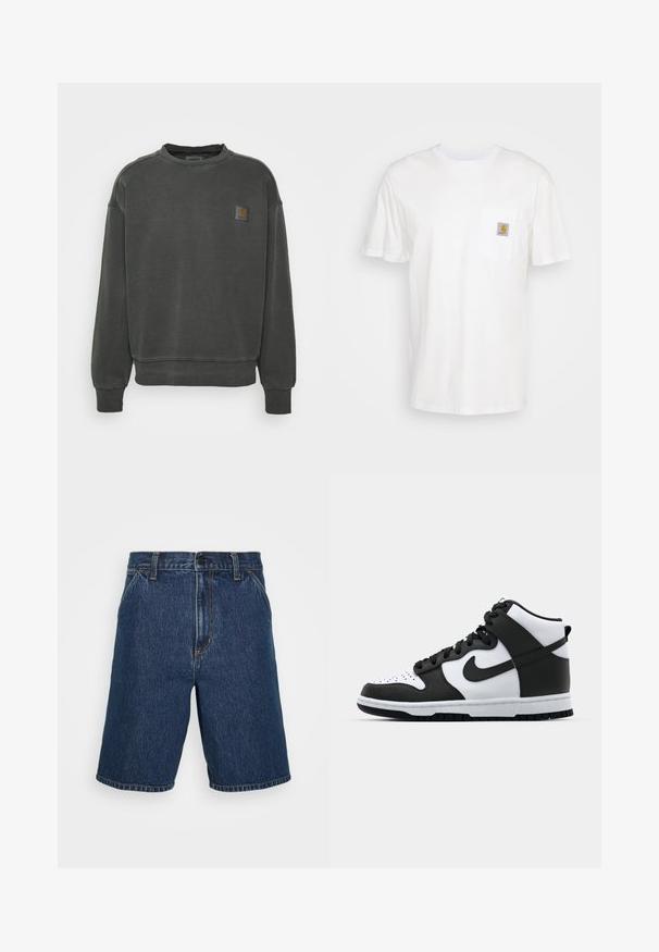 Carhartt WIP NELSON - Sweatshirt - black garment dyed; Hvid bomulds T-shirt med korte ærmer, en brystlomme, og et lille firkantet logo patch i orange og hvid på lommen.; Mørkeblå denimshorts med lige pasform. Har gule syninger og et klassisk fem-lomme design. Regulær talje og kantede kanter.; Sort og hvid høj-top sneakers med læderoverdel, perforeret tåboks, fremtrædende swoosh-logo og struktureret gummisål.