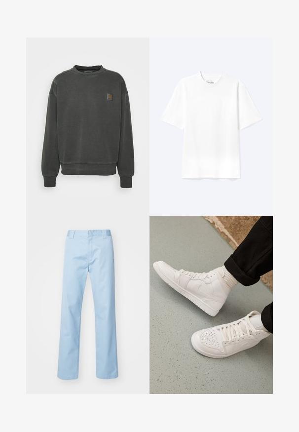 Carhartt WIP NELSON - Sweatshirt - black garment dyed; Enkel hvid T-shirt med korte ærmer og rund hals med afslappet pasform, vist på en lys baggrund.; Lyseblå lige bukser lavet af en blanding af bomuldsstof. Har en flad frontlinning, sidelommer og ingen synlige mønstre eller udsmykninger.; Hvide høj-top sneakers lavet af glat læder med perforeret tå, snørelukning og subtil logo detaljer på siden. Tekstureret gummisål.