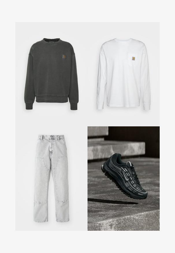 Carhartt WIP NELSON - Sudadera - black garment dyed; Camisa blanca de manga larga hecha de algodón, con un bolsillo en el pecho que lleva un parche de logo cuadrado. Diseño sencillo con escote redondeado y mangas con puños.; Pantalones de mezclilla gris claro con un corte holgado, que presentan grandes bolsillos laterales, costuras visibles y un diseño de pierna recta. Pasadores para cinturón en la cintura.; Zapatilla Nike Air Max negra y gris flotando sobre escalones de hormigón gris con fondo de suelo texturizado.
