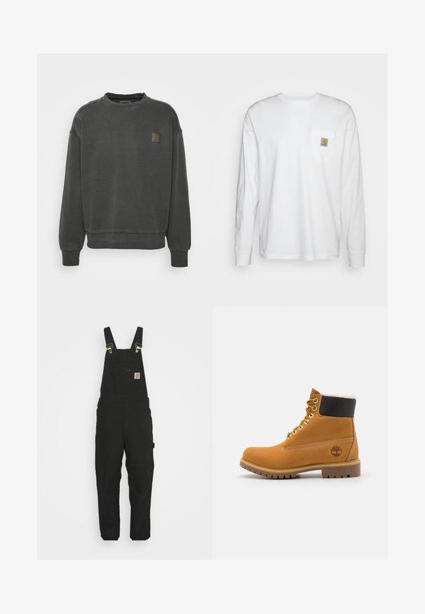 Carhartt WIP NELSON - Sweater - black garment dyed; Wit katoenen overhemd met lange mouwen, met een borstzakje met een vierkante logo patch. Eenvoudig ontwerp met een ronde halslijn en manchetten.; Zwarte katoen salopettes met verstelbare banden, een voorkantzak met logo patch en twee zijzakken in een relaxte pasvorm.; Bruine leren enkellaars met metalen oogjes, witte faux bont voering, zwarte gewatteerde kraag, robuuste zool en een reliëflogo aan de zijkant.