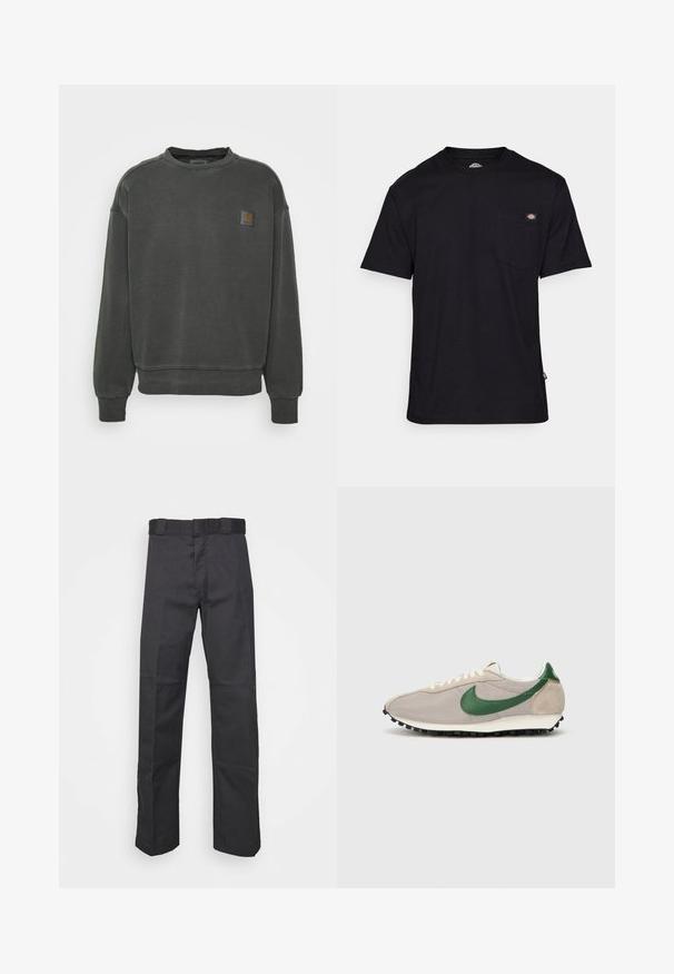 Carhartt WIP NELSON - Sweatshirt - black garment dyed; Sort bomulds T-shirt med klassisk rund hals, kortærmede, frontlomme på brystet og et logo-patch nær lomme-sømmen. Blød tekstur.; Sorte bukser lavet af holdbart stof, med et lige ben-design, en talje med bæltesløjfer og sømme for ekstra struktur.; Beige løbesko med grønne ruskindsdetaljer, struktureret mesh-overdel, cremefarvede snørebånd og sort gummisål med trækkraftsstifter.
