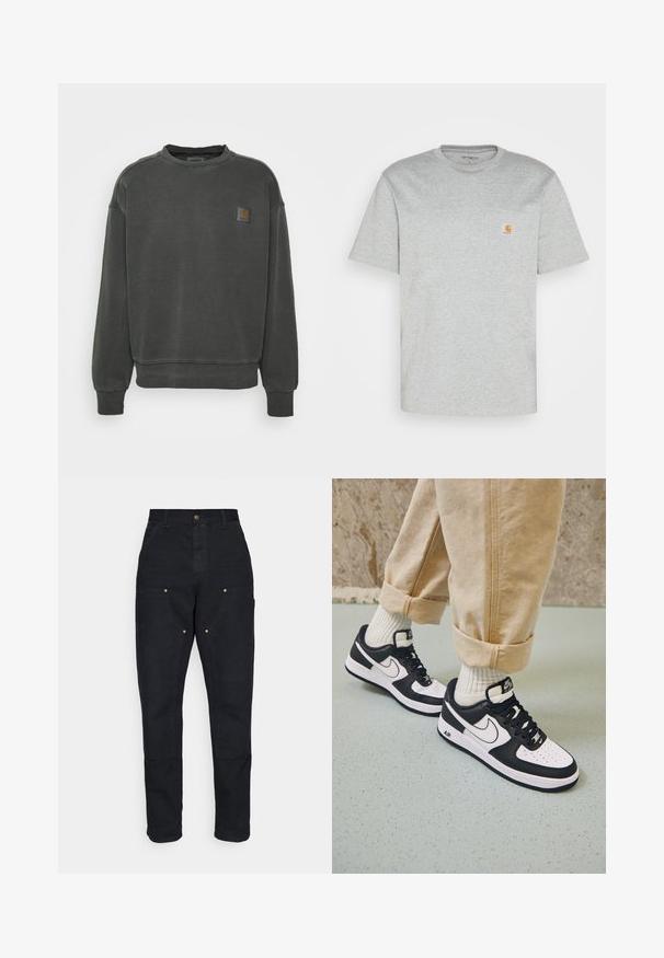 Carhartt WIP NELSON - Sudadera - black garment dyed; Camiseta de algodón gris con mangas cortas y cuello redondo. Presenta un bolsillo en el pecho izquierdo y un pequeño logo de la marca en color naranja en el bolsillo.; Carhartt WIP DOUBLE KNEE PANT - Pantalones - black aged canvas; Zapatillas Nike Air Force 1 en blanco y negro con parte superior de cuero, puntera perforada y detalle de suela texturizada, combinadas con pantalones beiges remangados y calcetines blancos.