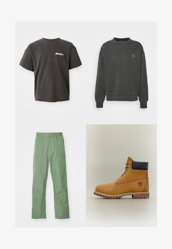 Carhartt WIP NELSON - Sudadera - black garment dyed; Camiseta de manga corta gris oscuro con el logo "Dickies." en blanco en el lado izquierdo del pecho, cuello redondo y corte relajado.; Pantalones de corte relajado en un suave tono verde claro, con una textura lisa, que incluyen bolsillos laterales y detalles de costura visibles. De largo completo con un diseño de pierna recta.; Bota de tobillo de cuero marrón con cuello negro, cordones amarillos y suela beige. Presenta un logotipo y detalles de costura blanca. Suela exterior con tracción robusta.