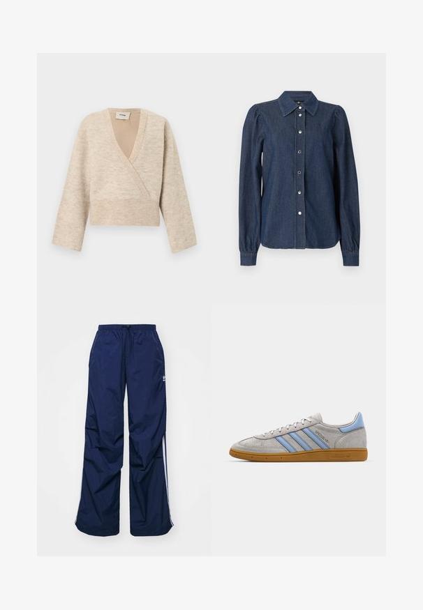 Suéter corto de punto color beige, estilo envolvente, con mangas largas y cinturilla ancha acanalada, con etiqueta "Aeron" en el interior del cuello.; Camisa de mezclilla azul oscuro de manga larga con cierre de botones en el frente, cuello puntiagudo y hombros ligeramente abullonados.; Pantalones de color azul marino, ligeros, con cintura elástica y cordón ajustable, con franjas blancas laterales y un pequeño logo en la parte delantera. Diseño de corte holgado.; Zapatilla de ante gris con rayas azul claro, suela de goma y detalles de logo. Diseño de caña baja con punta redonda y cierre de cordones.