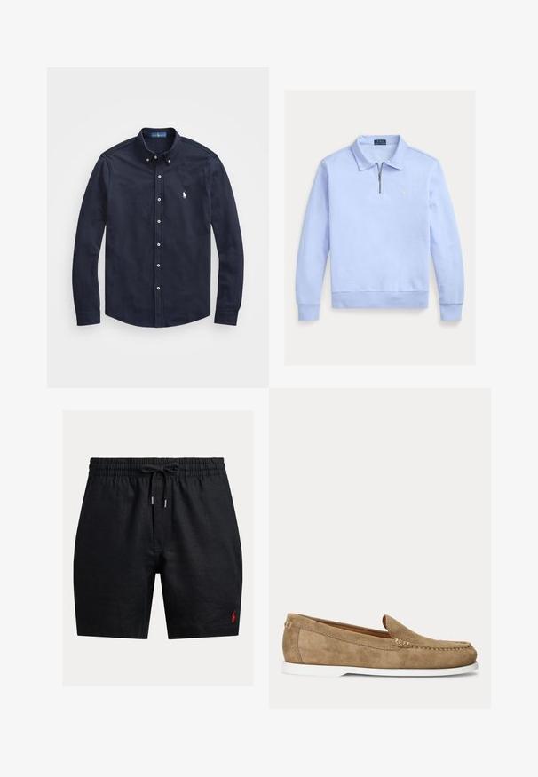 Svetlomodré polo s dlhým rukávom, polovičný zips vpredu, golier a malé vyšívané logo na ľavej strane hrudníka.; Navy modrá košeľa s dlhým rukávom, gombíkmi a golierom, predné gombíky a malé biele logo na ľavej hrudi, vyrobená z mäkkej bavlnenej látky.; Čierne ľanové šortky s elastickým pásom, nastaviteľným šnúrkou a malým červeným logom v dolnej ľavej časti.; Svetlohnedý semišový mokasín s bielou podrážkou, prešitím mokasín a slip-on dizajnom, zobrazený zboku na jednoliatom pozadí.