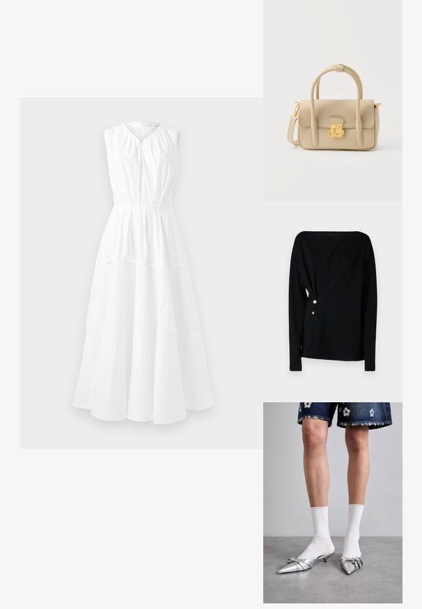 Sort langærmet top med off-shoulder halsudskæring, draperet front og tre dekorative knapper i hvid, guld og brun på siden.; Hvid, ærmeløs kjole med rund halsudskæring, sammenkrøllet bodice og lagdelt A-linje nederdel, der har et glat, let stof.; Sølvspidse mules med en lav hæl, der har dekorative stropper og en glat metallisk finish. Båret med hvide ankelstrømper.; Beige læderhåndtaske med to håndtag, en aftagelig skulderrem og en guldfarvet spænde på frontklappen.