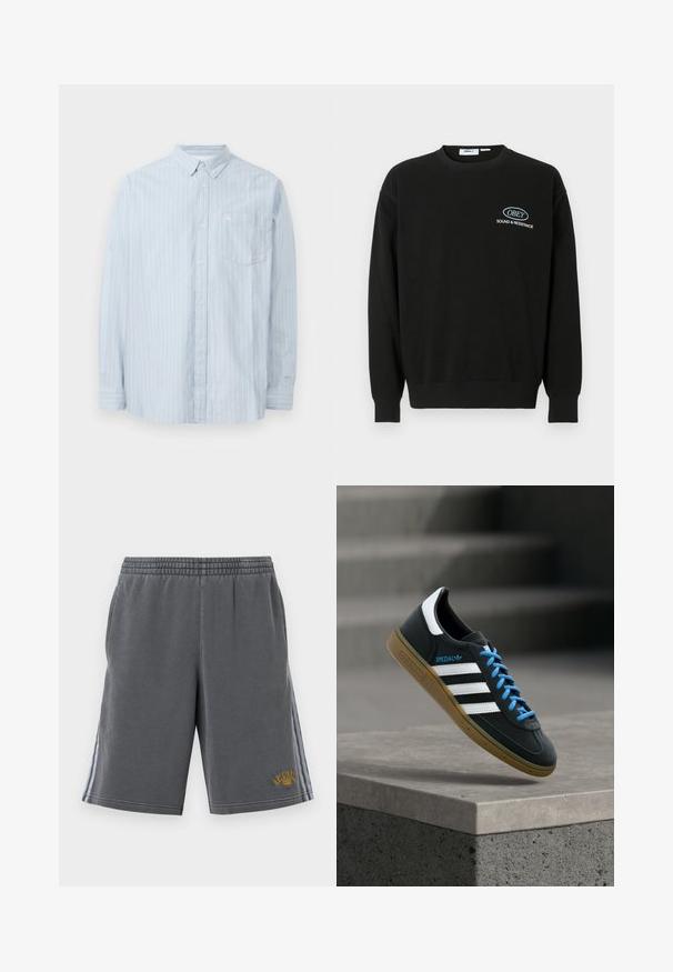 Sort sweatshirt lavet af bomuld med rund halsudskæring, lange ærmer og ribbede manchetter. Har et hvidt broderet logo på brystet.; Lyseblå skjorte med knapper og hvide lodrette striber, med krave, lange ærmer og en brystlomme. Lavet af et blødt materiale.; Grå sweatshorts med elastisk talje, sidelommer og gyldent bogstavtryk "Original" på nederste højre side. Blødt stof.; Sort Adidas sneaker med hvide striber, blå snørebånd og gummisål, der svæver over gråt betontrin i blødt lys.