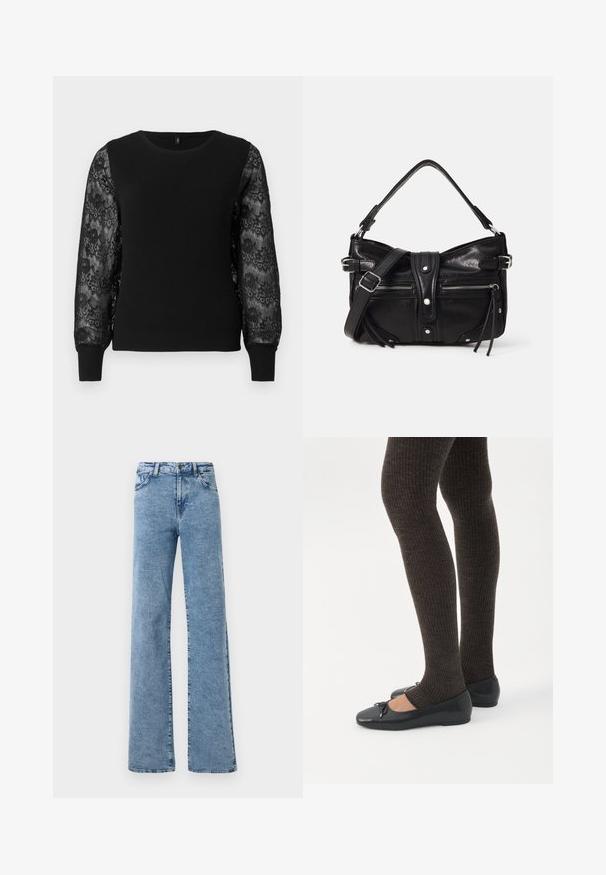 Must mustra pullover, millelõhnaga tekstuuriga ja pikkade pitskätistega, millel on lillemustrid. Ümar kaelus ja istuvad mansetid.; Noisy May Straight fit NMYOLANDA - Wide leg - medium blue denim; Jalad seljas tumedad soonelises soonelises kombines mustade baleriinadega, millel on väikesed paelade detailid valgel taustal.; Even&Odd H24462 - Käekott - black