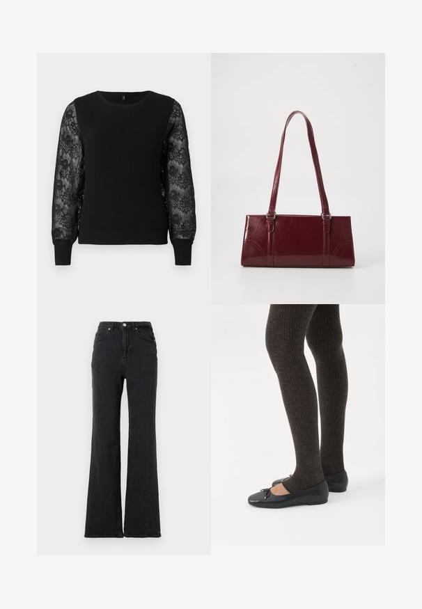 Jersey negro de punto con textura acanalada y mangas largas de encaje con patrones florales. Cuello redondo y puños ajustados.; Jeans de mezclilla negros de cintura alta con pierna acampanada, botón frontal y diseño de cinco bolsillos sobre un fondo blanco liso.; Piernas con leggings oscuros acanalados combinados con bailarinas negras que presentan pequeños detalles de lazo sobre un fondo blanco.; Bolso burdeos hecho de material brillante, de forma rectangular, con dos asas para el hombro y sutiles acentos curvados en la parte frontal.