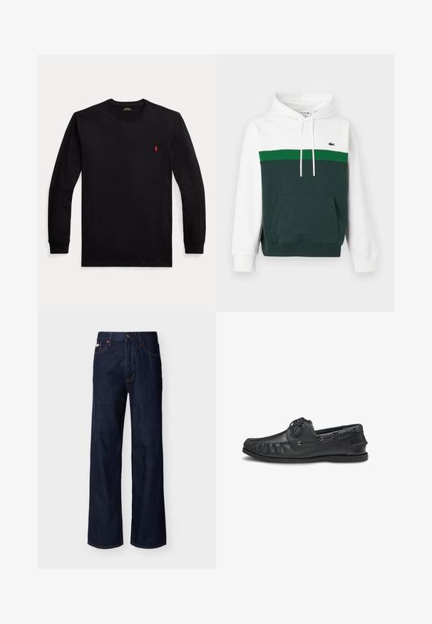 Hvid, grøn og mørkegrøn farveblokket hættetrøje med forlomme, snor i hætten og lille krokodillelogo på brystet.; Sort langærmet T-shirt med rund halsudskæring, med lille rødt broderet logo på venstre bryst og ribstrikkede manchetter.; Mørkeblå, straight-leg denimjeans med fem-lommes design og knaplukning, vist på en ensfarvet lys baggrund.; Sort lædermoccasin i loafertype med snøredetaljer og gummisål, set fra siden.