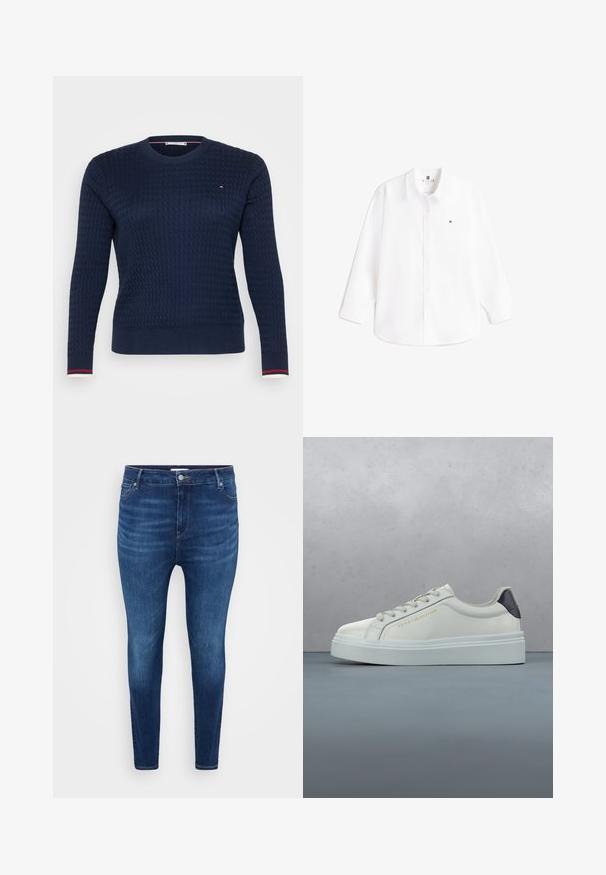 Mørkeblå strikket sweater med et tekstureret mønster, rund halsudskæring og lange ærmer. Har kontrasterende stribede manchetter og et lille logodetalje.; Hvid skjorte med knapper, lavet af bomuld med klassisk krave og lange ærmer. Har et lille logo på venstre bryst. Glat tekstur.; Mørkeblå skinny jeans med forlommer, bæltestropper og knaplukning på en ensfarvet lys baggrund.; Hvid lavtop sneaker med snørebånd og sort hælflap, mærket "Tommy Hilfiger," svævende over en træ- og stenflisebelagt overflade udendørs.