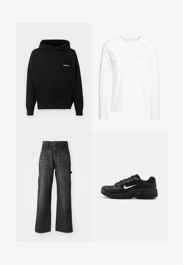 Replay Inc. Hættetrøje - black; Langærmet hvid t-shirt lavet af blød bomuld. Rund halsudskæring med lige skårne kanter og ingen synlige mønstre eller grafikker.; Bredde ben, sorte denim bukser lavet af blød bomuld med en falmet finish. Har en frontknaplukning og sidelommer.; Sorte atletiske sko med en tekstureret mesh-overdel og gummisål. Ikonisk hvid swoosh-logo på siden, med snørebåndsdesign.