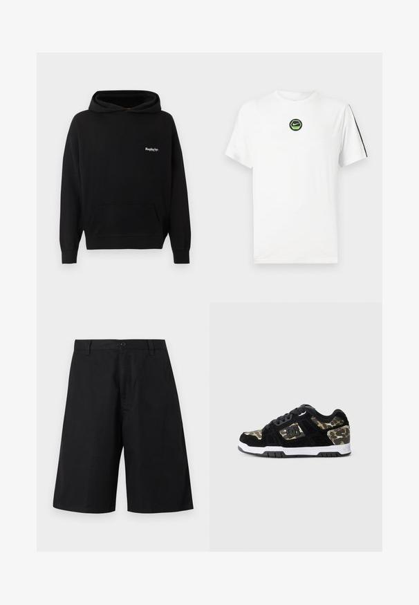 Replay Inc. Hættetrøje - black; Hvid kortærmet Nike T-shirt med grønt og sort rundt logo på brystet og sort stribe med tekst på højre ærme.; Sorte knælange shorts med bæltestropper, knaplukning og en ensartet forside mod en neutral baggrund.; Sort ruskinds sneaker med camomønster på siden, hvid mellemsål og sort gummisål. Har snørebånd og logo-detalje på siden.