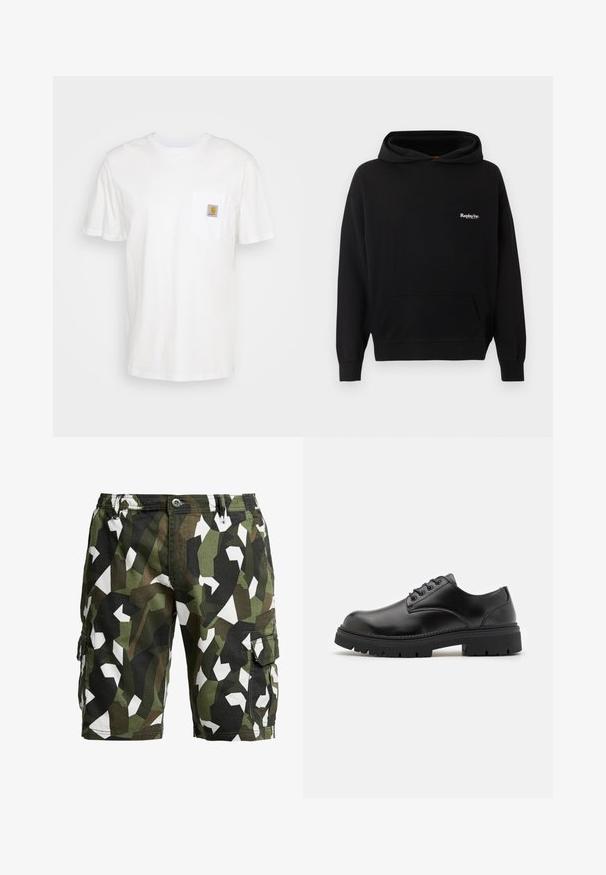 Replay Inc. Kapuzenpullover - black; Weißes Baumwoll-T-Shirt mit kurzen Ärmeln, einer Brusttasche und einem kleinen quadratischen Logopatch in Orange und Weiß auf der Tasche.; Urban Classics GEOMETRIC CAMO STRETCH TWILL CARGO - Shorts - wood camo; Schwarze Lederschuhe mit runder Zehenform, Schnürdesign und einer dicken, strukturierten Gummisohle. Sie verfügen über eine Naht entlang des Randes und haben eine glatte Oberfläche.
