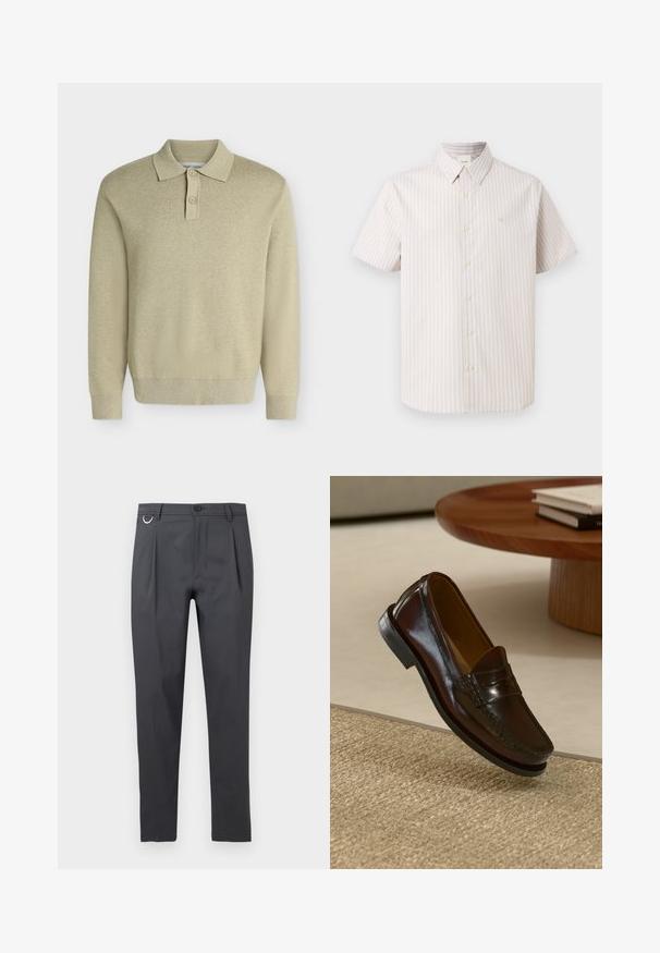 Camiseta polo beige de manga larga con cuello y dos botones, puños y dobladillo acanalados, mostrada sobre un fondo claro y liso.; Camisa de botones de manga corta con rayas verticales beige y blancas y cuello puntiagudo sobre un fondo liso.; Pantalones ajustados de color gris oscuro con pliegues frontales, trabillas para cinturón, cierre con botón y un pequeño anillo metálico en el lado izquierdo.; Mocasines de cuero marrón con un acabado brillante, que presentan un detalle de costura en la parte frontal y una suela de goma negra de perfil bajo.
