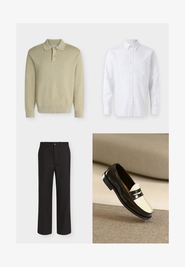 Polo beige à manches longues avec col et deux boutons, poignets et ourlet côtelés, présenté sur un fond clair uni.; Chemise blanche à manches longues avec boutons sur le devant, col à boutons, et une poche poitrine, présentée sur un fond uni.; Pantalon droit noir texturé avec passants pour ceinture et fermeture à bouton devant, présenté sur fond blanc.; Mocassin en cuir noir avec un empeigne crème et des rayures noires, présentant un petit talon et des coutures détaillées le long des bords.