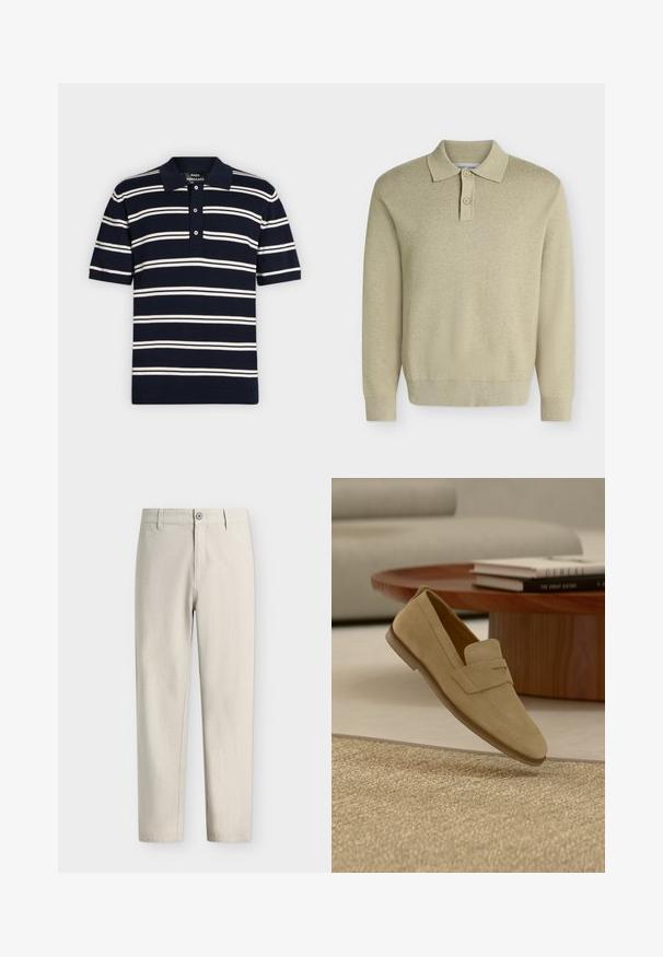 Polo beige à manches longues avec col et deux boutons, poignets et ourlet côtelés, présenté sur un fond clair uni.; Polo bleu marine à manches courtes avec des rayures blanches horizontales et une patte à trois boutons.; Pantalon beige clair droit avec fermeture par bouton et fermeture éclair ainsi que passants pour ceinture, présenté sur un fond blanc uni.; Mocassin en daim beige flottant au-dessus d'un tapis tissé beige, avec une table basse ronde en bois et des livres empilés en arrière-plan.