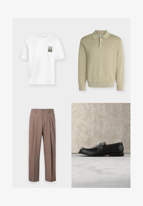 Polo beige à manches longues avec col et deux boutons, poignets et ourlet côtelés, présenté sur un fond clair uni.; T-shirt blanc à manches courtes avec un petit texte noir "samsøe" répété sur la partie gauche de la poitrine.; Pantalon plissé marron avec passants de ceinture, fermeture à boutons sur le devant et fermeture éclair, présenté sur un fond blanc.; Mocassin en cuir noir avec une plaque de marque en métal reposant près d'une table ronde marron sur un sol recouvert de moquette beige.
