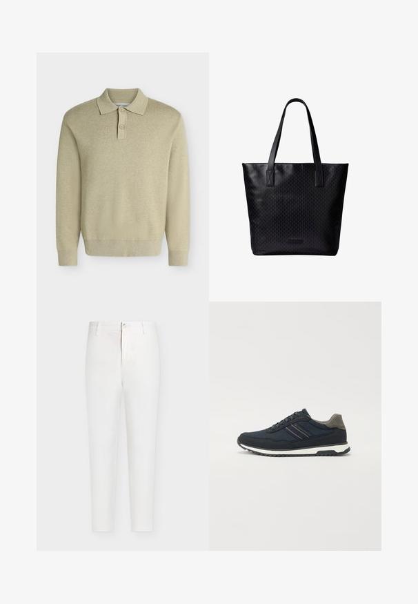 Beige pitkähiha polo-paita, jossa kaulus ja kaksi nappia, resorireunukset hihoissa ja helmassa, esitetty yksinkertaisella vaalealla taustalla.; Valkoiset, korkeavyötäröiset suoralahkeiset housut vyölenkeillä, nappikiinnitys ja vetoketjullinen haara suoralta vaaleanharmaalta taustalta.; Navy mesh ja suedipuhvisneaker, jossa on harmaa kantapää yksityiskohta; sisältää valkoisen keskiosan ja tekstuurisen mustan ulkopohjan; minimalistinen suora koristelu.; Musta kestokassi, jossa on kaksi pitkää kahvaa, hillitty geometrinen kuvio, suorakaiteen muoto ja pieni brändilappu alareunan keskellä.