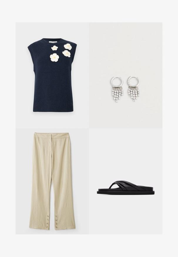 Suéter sin mangas tejido en azul marino con dobladillo acanalado, que presenta tres flores bordadas de color crema en el hombro izquierdo.; Pantalones beige de pierna ancha hechos de tela texturizada, con una cintura lisa y detalles de botones en el dobladillo.; Sandalia plana negra con tira cruzada acolchada y divisor de dedo, diseño minimalista sobre fondo liso gris claro.; Pendientes de aro plateados con filas en cascada de pequeños gemas transparentes brillantes colgando en filas escalonadas sobre un fondo blanco.