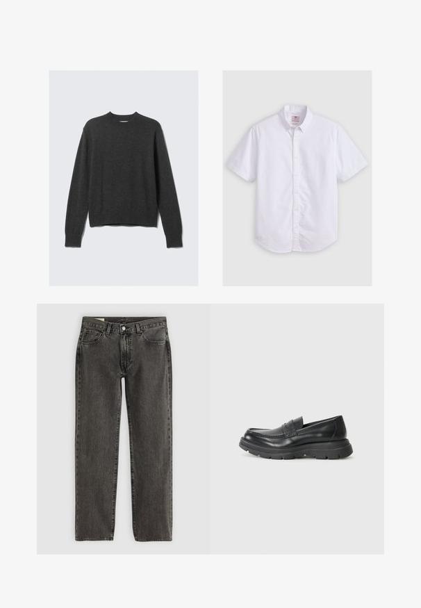 Pull en tricot gris foncé avec un col rond, des poignets et un ourlet côtelés. Le tissu a une texture lisse et présente un design à coupe décontractée.; Chemise blanche à manches courtes en coton, avec col button-down, texture subtile, ourlet incurvé et fermeture à boutons traditionnelle.; Jean droit noir délavé avec cinq poches, fermeture à bouton et passants de ceinture, posé à plat sur un fond blanc.; Chaussure noire en cuir à enfiler avec un design mocassin, embout arrondi, semelle en caoutchouc épaisse et subtil détail de couture sur la partie supérieure.