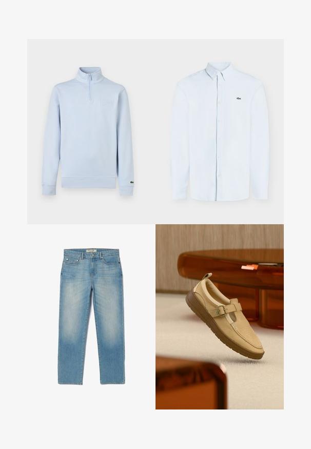 Lichtblauwe pullover met lange mouwen, kwart rits, hoge kraag, reliëf merkembleem op de borst en klein logo op de linker manchet.; Lichtblauw overhemd met lange mouwen en knopen, button-down kraag en klein groen krokodillenlogo op de linker borst.; Lichtblauwe denim jeans met een recht gesneden ontwerp, vijf zakken en een licht vervaagde wassing. Voorzien van zilverkleurige hardware en een merklabel op de tailleband.; Beige leren instapschoen met gespsluiting en bruine rubberen zool, zwevend boven een licht tapijtvloer en in de buurt van amberkleurig doorschijnend meubilair.