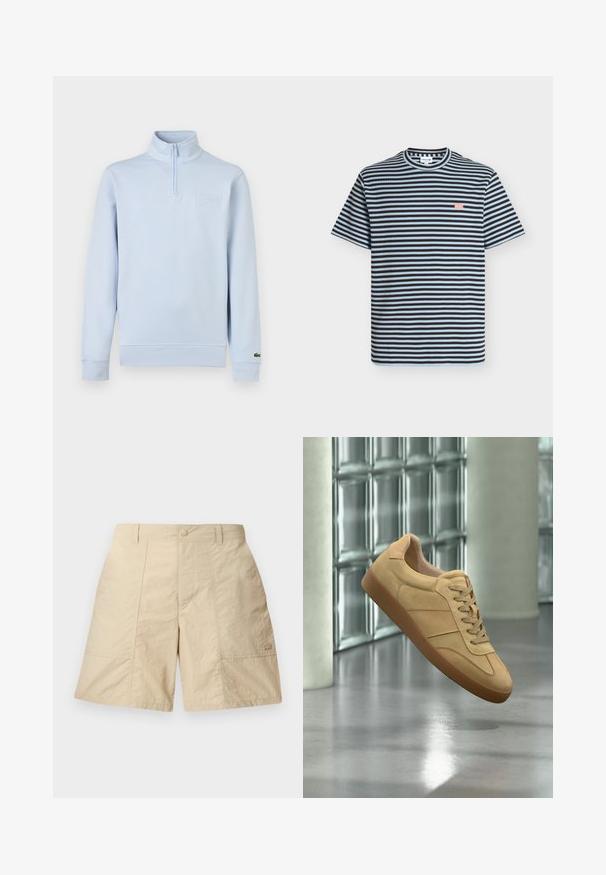 Heleroheline pikkade varrukatega pullover kvartlizapiga, kõrge krae, rinnal reljeefne brändiplaat ja vasakul mansetil väike logo.; Lühikeste varrukatega t-särk, millel on horisontaalsed mustad ja helesinised triibud ning väikene roosa tikandiga krokodilli logo rinnal.; Beezid lühikesed püksid tekstuurse viimistlusega, ees nupuga kinnitamine, kaks külgtaskut ja väike logo alumises paremas nurgas.; Beežid seemisnahast tossud kummist tallaga, paelaga kinnituv, hõljub siseruumis poleeritud betoonpõranda kohal klaasplokkseinaga lähedal.
