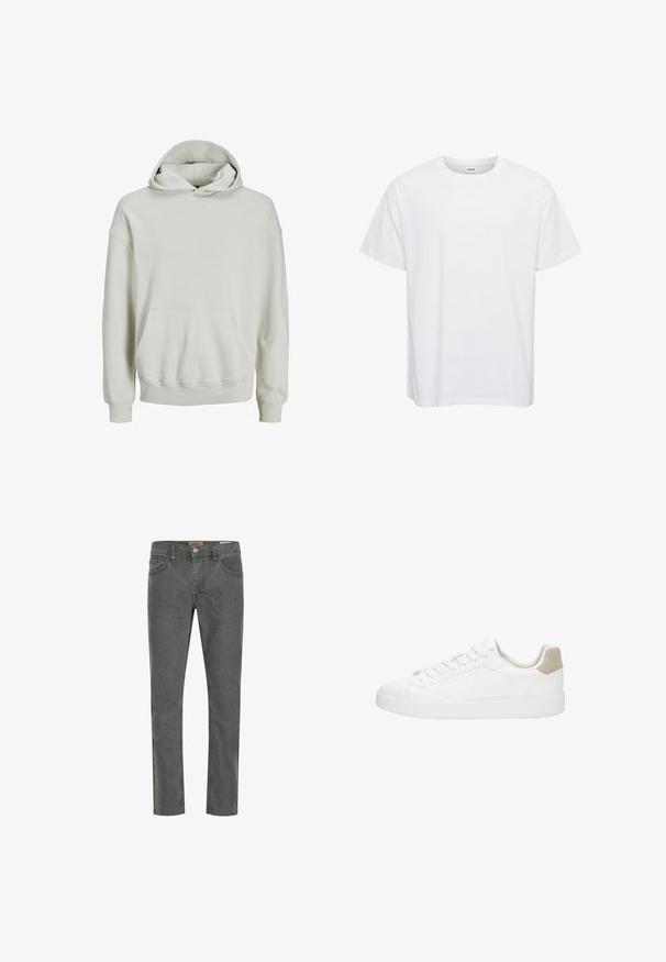 Lys grå hættetrøje lavet af blødt stof, med en frontkanguro lomme, ribbede manchetter og en afslappet pasform.; Hvid bomulds t-shirt med korte ærmer, rund halsudskæring og en afslappet pasform. Glat tekstur, ingen mønstre eller detaljer. Simpelt design.; Grå denim jeans med lige ben, fem lomme design og en lille metalknap lukning. Stoffet har en glat tekstur og en let stræk.; Hvid lavtop sneaker med snørebånd foran, glat læderoverdel, lys beige hælskinne og flad gummisål.