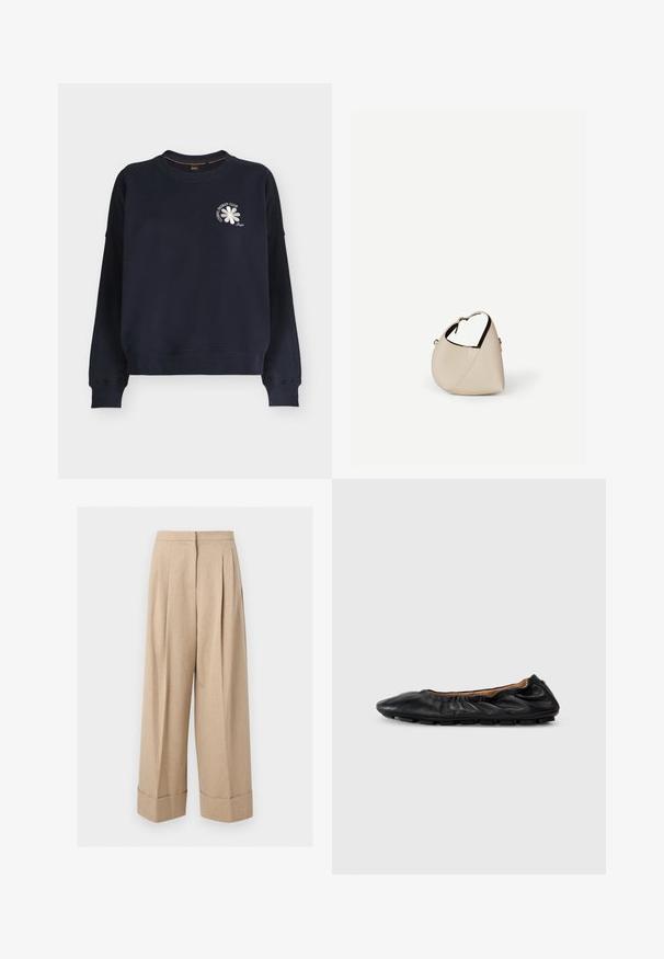 Marineblaues Sweatshirt mit langen Ärmeln, gerippten Bündchen und Saum, mit einer kleinen weißen Blume und dem Schriftzug „COSMIC ENERGY CLUB“ auf der Brust.; Beige weite Hose mit hoher Taille, vorderen Falten und breiten Umschlägen am Saum, gezeigt auf weißem Hintergrund.; Schwarze Leder-Ballettschuhe mit gerafften Details am Kragen, runder Spitze und flexiblem Gummisohle. Ganze Oberfläche mit glatter Textur.; Beige Ledertasche in Halbmondform mit einem einzelnen Schulterriemen und minimaler Nahtgestaltung, vor einem schlichten weißen Hintergrund.
