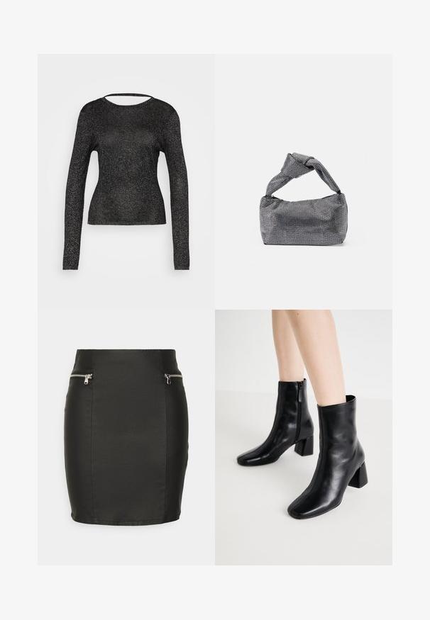 NA-KD FINE DEEP BACK GLITTER - Πουλόβερ - black; Vero Moda VMLIZZ ZIPPER SKIRT - Μίνι φούστα - black; ONLY SHOES ONLBRIELLE - Μποτάκια - black; Μαύρη και ασημένια τσάντα χειρός με υφασμάτινη επιφάνεια που διαθέτει διαμαντένιο σχέδιο, κόμπο στη λαβή και δομημένο σχήμα.