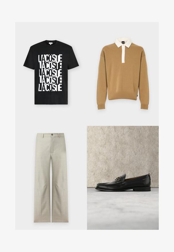 Pull en tricot marron avec un col blanc plié et une courte patte de boutonnage. Caractéristiques : manches longues et poignets côtelés.; T-shirt noir à manches courtes avec un logo Lacoste blanc audacieux répété verticalement dans un motif superposé sur le devant.; Pantalon formel beige clair à jambes droites, fermeture avec bouton et fermeture éclair, passants pour ceinture, présenté sur un fond blanc.; Mocassin en cuir noir avec mors en métal doré et logo "HUGO", présenté sur un tapis beige et un meuble translucide marron.