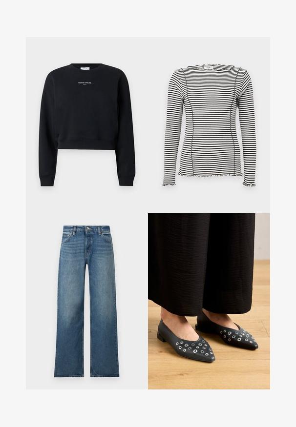 Musta, lyhyt, pitkähihainen collegepaita pyöreällä pääntiellä, resorireunuksilla hihoissa ja helmassa, ja valkoisella "MAISON KITSUNÉ PARIS" -tekstillä rinnan keskellä.; Raidallinen mustavalkoinen pitkähiha-paita, jossa on ribbineulos, siksakreunat ja kontrastitulostus saumoissa.; Siniset leveälahkeiset farkut, joissa edessä nappi- ja vetoketjukiinnitys, etu- ja takataskut sekä hienovaraiset kulutuspesut.; Mustat nahkakengät, joissa on kärjellinen malli, vaihtelevia kokoja olevilla metallisilla niiteillä ja matala neliönmallinen korko. Sujuva pinta puulattialla.