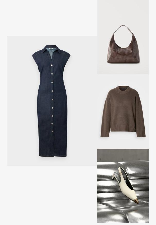 Brun strikket sweater med rund hals, lange ærmer samt ribkant ved ærmer og kant, lagt fladt på en hvid baggrund.; Denimkjole med knaplukning foran, krave, korte ærmer og tætsiddende silhuet, i en mørk vask med subtile stikninger.; Hvid slingback højhælet sko med guld spids tåhætte, vist på en skinnende metallisk sølv polstret overflade.; Brun flettet læder skuldertaske med en enkelt bred strop og en slasket, halvmåneformet krop.