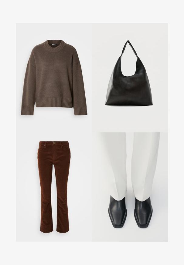 Brun strikket sweater med rund hals, lange ærmer samt ribkant ved ærmer og kant, lagt fladt på en hvid baggrund.; Brune fløjsbukser med svaj, der har en glat tekstur, med lynlås og knaplukning samt standard fem-lomme design.; Sorte læder ankelstøvler med spids tå og lav stableret hæl, parret med hvide vidde bukser. Glat tekstur, elegant design.; Sort skuldertaske i glat læder med en bred, enkelt strop og et afslappet, minimalistisk design mod en ensfarvet baggrund.