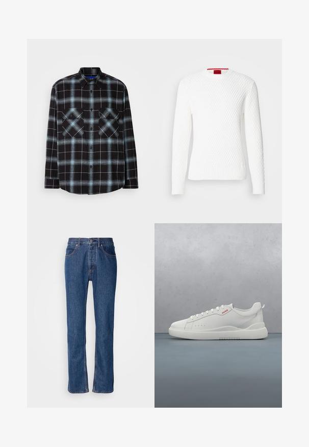 Pull en tricot blanc avec un motif en nid d'abeille texturé, des poignets et un ourlet côtelés, avec une étiquette rouge au niveau du col.; Chemise en flanelle à carreaux noirs et bleu clair, à manches longues, avec un bouton sur le devant, un col, et deux poches poitrines avec fermetures à rabat.; Jean en denim bleu avec une coupe droite, un design à cinq poches et des coutures claires. Comprend une braguette zippée et une fermeture à bouton à l'avant.; Sneaker blanche avec une finition en cuir lisse, bout rond, quatre œillets, perforations subtiles et un détail de logo rouge sur le côté.