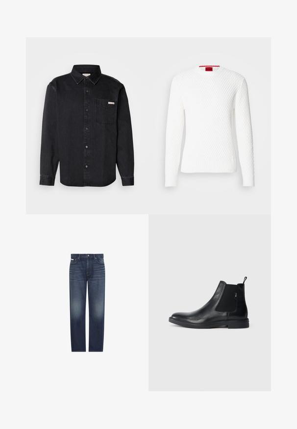 Witte gebreide trui met een gestructureerd honingraatpatroon, geribde mouwen en zoom, met een rode label op de hals.; Zwarte spijkerblouse met een puntkraag, lange mouwen, een enkele borstzak en een klein merkembleem op de zak.; Donkerblauwe rechtgesneden jeans met subtiele vervaging op de dijen en kreukels bij de voorzakken, met voorste knoopsluiting en riemlussen.; Zwarte leren Chelsea-boots met elastische zijpanelen, een treklipje en een vlakke rubberen zool. Gladde textuur met minimale details.