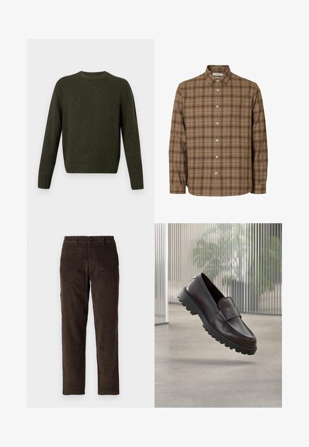 Dunkelgrüner, gerippter Pullover mit Rundhalsausschnitt, langen Ärmeln und einem figurbetonten Saum. Hergestellt aus strukturiertem Strickmaterial.; Braunes kariertes Langarmhemd mit Knöpfen, Kragen, weißen Knöpfen und geradem Saum, auf weißem Hintergrund präsentiert.; Braune Cordhosen mit geradem Schnitt, ausgestattet mit einem Frontknopfverschluss und standardmäßigen Gürtelschlaufen. Glatte Textur und klassischer Schnitt.; Brauner Leder-Schlupfschuh mit abgerundetem Zehenbereich und einer robusten schwarzen Gummisohle. Verfügt über einen dekorativen Riemen über dem Spann.