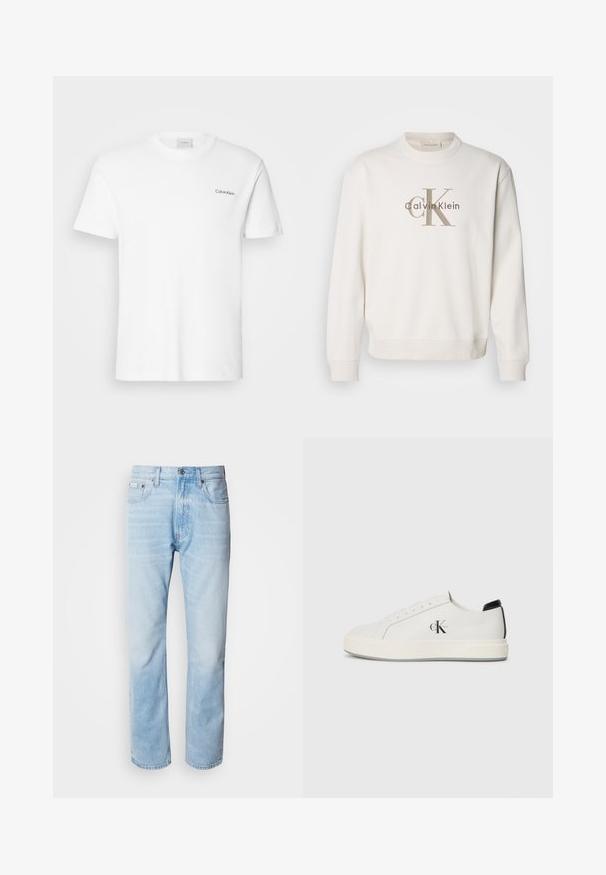 Sudadera blanca de cuello redondo hecha de un tejido suave, con un gran logo beige de Calvin Klein en la parte frontal, y puños y dobladillo acanalados.; Camiseta de algodón blanca con mangas cortas y un escote en forma de cuello redondo. Presenta un pequeño logotipo negro de "Calvin Klein" en el lado izquierdo del pecho.; Vaqueros de mezclilla azul claro con corte recto, con secciones desgastadas, diseño de cinco bolsillos y cierre de botones clásico.; Zapatillas de cuero blanco con puntera redondeada, suela de goma plana y acento negro en el talón. Presenta un destacado logo negro de Calvin Klein en el costado.