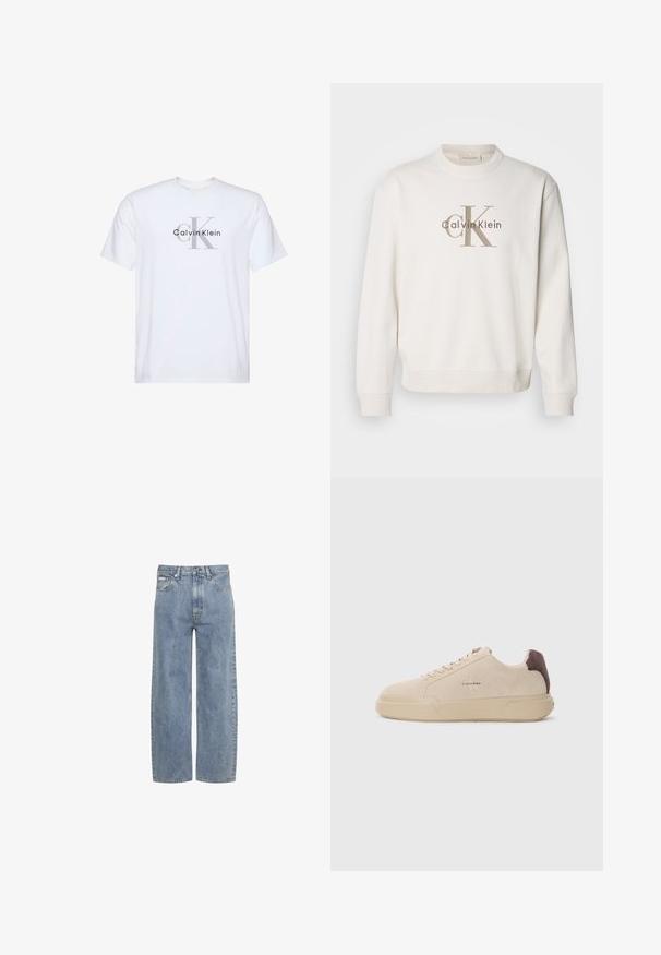 Sudadera blanca de cuello redondo hecha de un tejido suave, con un gran logo beige de Calvin Klein en la parte frontal, y puños y dobladillo acanalados.; Camiseta blanca de manga corta con un logo gris "ck" y texto "Calvin Klein" impreso en negro en el centro delantero.; Vaqueros azul claro de pierna recta con cierre delantero de botón y cremallera, presillas para cinturón y diseño de cinco bolsillos.; Zapatilla de ante beige con punta redondeada, cordones en la parte frontal y un acento de ante marrón en el talón. Cuenta con una suela de goma texturizada.