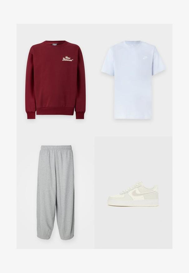 Viininpunainen New Balance -pusero joustavilla resoreilla hihansuissa ja helmassa, jossa pieni kermaan vivahtava logo vasemmassa rinnassa.; Vaaleansininen puuvillainen t-paita lyhyillä hihoilla, pyöreä kaula-aukko ja valkoinen Nike-logo vasemmassa rinnassa. Suora pinta, yksinkertainen muotoilu.; Vaaleanharmaat, löysät collegehousut, jotka on valmistettu pehmeästä kankaasta. Joustava vyötärö ja resorit nilkoissa. Yksinkertainen ja koristelematon muotoilu.; Valkoiset Nike Air Force 1 -lenkkarit, joissa on sileä nahkainen päällinen, vaaleanharmaat yksityiskohdat, rei'itykset varpaassa ja teksturoitu kumipohja.