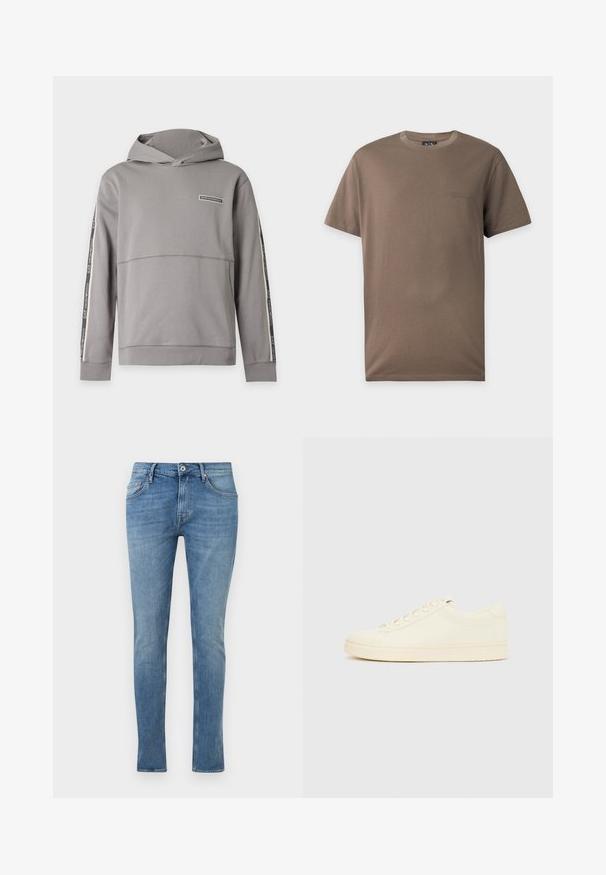 Sweat à capuche gris avec poche frontale et bande EA7 Emporio Armani marquée sur les manches et la poitrine.; T-shirt marron à manches courtes et col rond avec petit logo embossé Armani Exchange sur la poitrine gauche sur fond blanc.; Jean en denim bleu coupe slim avec bouton à l'avant, fermeture éclair et design à cinq poches sur fond blanc uni.; Baskets couleur crème avec une tige en cuir lisse, bout arrondi, laçage à l'avant et semelle en caoutchouc texturée. Design minimaliste, sans logo.