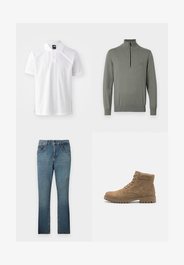 Pull-over gris à col montant avec une fermeture éclair d'un quart. Comprend des poignets et un ourlet côtelés, fabriqué en maille lisse et texturée.; Polo shirt blanc en coton, avec une patte de boutonnage à deux boutons, des manches courtes et un logo brodé discret sur la poitrine.; Jean en denim bleu coupe droite avec bouton frontal, fermeture éclair, passants pour ceinture et cinq poches, présenté sur un fond uni.; Bottines en daim beige avec un bout arrondi, un col rembourré, six paires d'œillets et une épaisse semelle en caoutchouc présentant un motif strié.