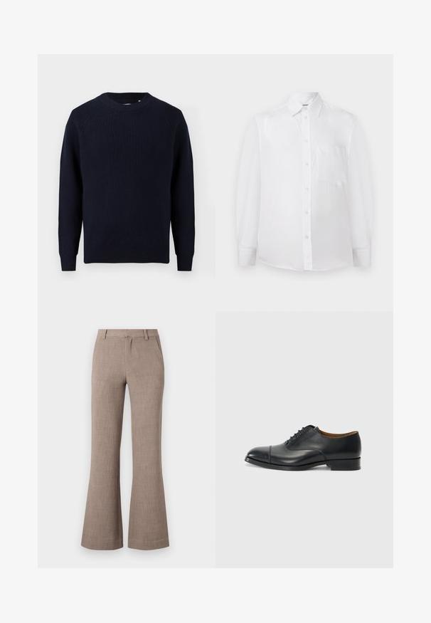 Mørkeblå ribstrikket sweater med rund hals og lange ærmer, vist mod en hvid baggrund.; Hvid skjorte med knapper og krave samt brystlomme, med lange ærmer, vist forfra på hvid baggrund.; Beige flagrende bukser lavet af et tekstureret stof, med lynlåslukning og sidelommer for funktionalitet. Skræddersyet design.; Sort lædersko med glat overflade, rund tå, fem snørrehuller og lav blokhæl. Minimalistisk design med diskret syninger.