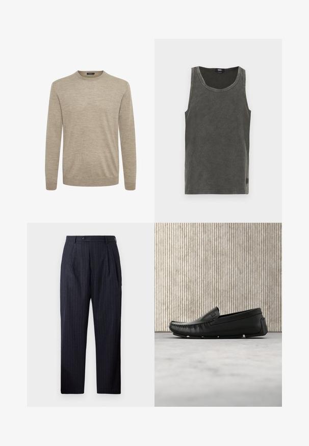 Beige langærmet sweater lavet af blødt strikstof. Har en rund halsudskæring og ribbede manchetter og kant for en tætsiddende silhuet.; Ærmeløs, mørkegrå tanktop lavet af ribstrikket stof, med rund halsudskæring, lige kant og et lille mærke med logo i siden.; Marine-stribede bukser lavet af et tekstureret stof, med knaplukning, to for-pleats og lige ben-design.; Sort læderloafer, der svæver over beige tæppegulv ved siden af et rundt, ravfarvet glasbord.