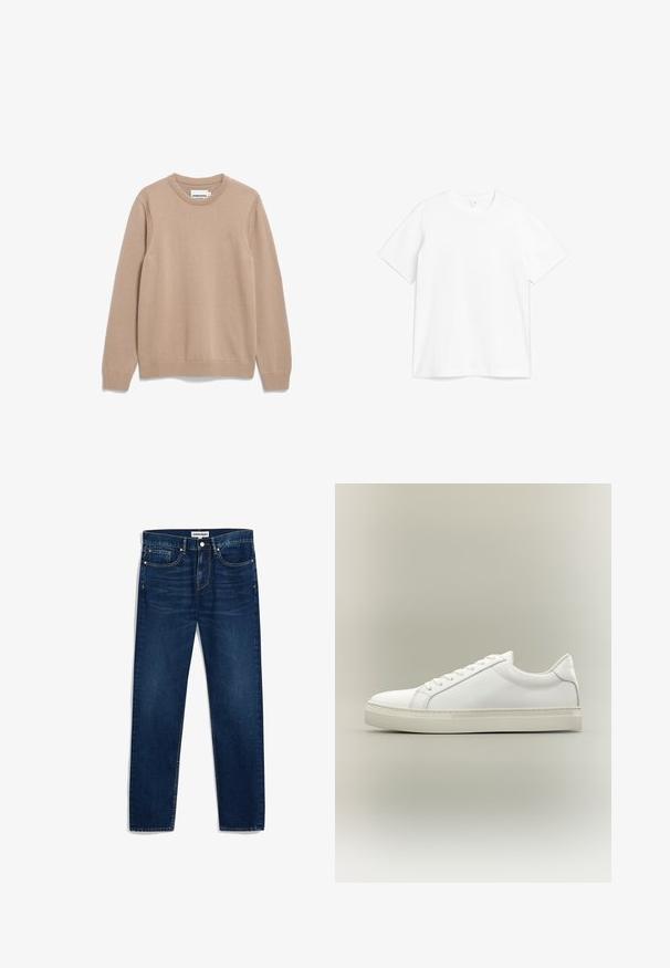 Khaki trui met een ronde hals, lange mouwen, ribgebreide manchetten en onderrand, met een subtiele geborduurde merklogo op de borst. Zachte textuur.; Witte katoenen t-shirt met een ronde hals en korte mouwen. De stof lijkt glad met een klassiek, recht snit ontwerp.; Donkerblauwe denim jeans met een rechte snit, vijf zakken en contrasterende stiksels. Voorzien van een knoopsluiting en rits.; Witte lage sneaker met veters aan de voorkant en dikke zool, zijaanzicht tegen een neutrale achtergrond.