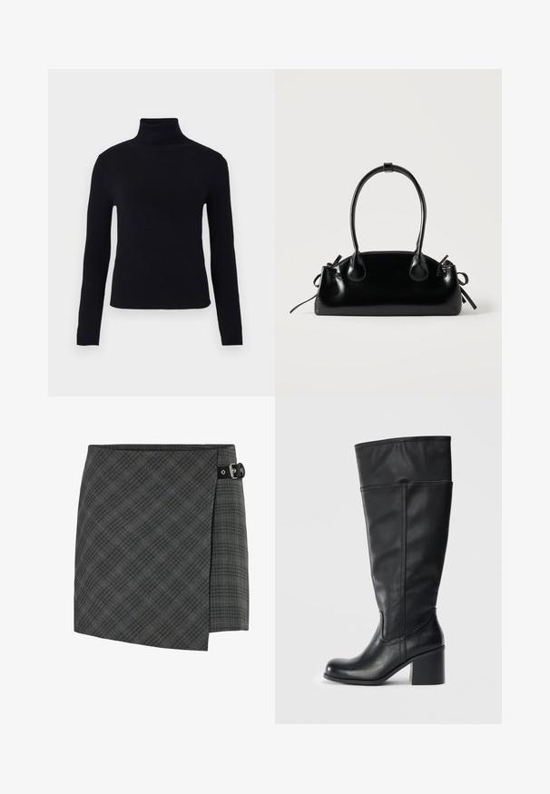 Sort turtleneck sweater med lange ærmer, glat tekstur, tætsiddende design og en tyk ribbet krave, velegnet til lag-på-lag.; Mørkegrå ternet uld wrap nederdel med sort spænde detalje på højre side, lige kant og subtil diagonalt mønster.; Knæhøje sorte læderstøvler med blokhæle, glat tekstur og syninger langs siderne. Enkel og moderne design.; Lille sort blank håndtaske med to lange håndtag og snøre-detaljer i siden på en ensfarvet lys baggrund.