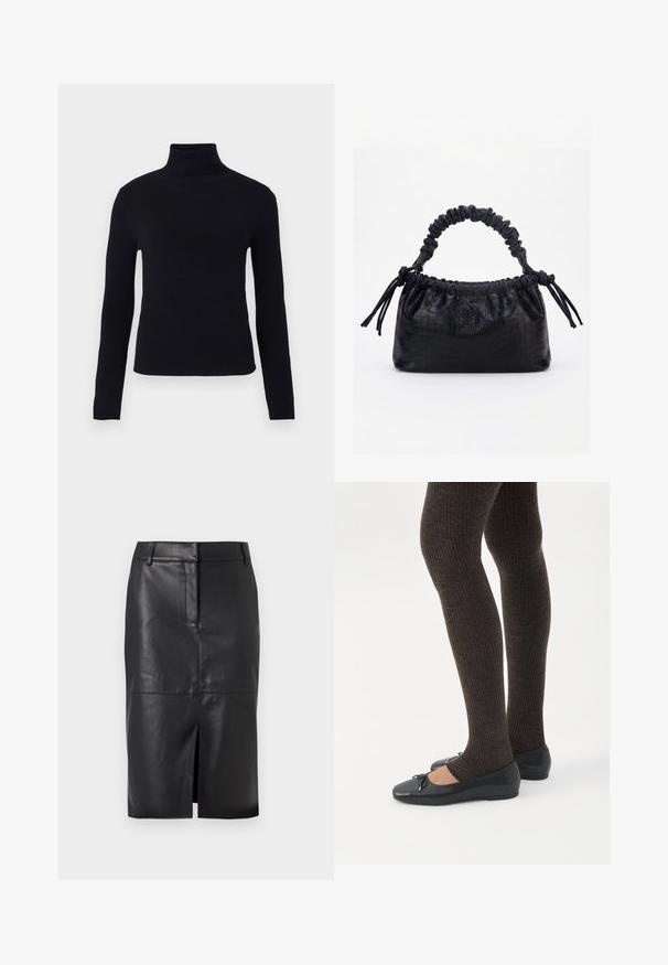 Sort turtleneck sweater med lange ærmer, glat tekstur, tætsiddende design og en tyk ribbet krave, velegnet til lag-på-lag.; Sort læder blyantskørter med en forslidser, der har en glat tekstur, to sidelommer og en tætsiddende silhuet.; Ben iført mørke ribbede leggings kombineret med sorte balletsko med små sløjfedetaljer på hvid baggrund.; Sort taske med krokodilletekstur, rynket øverste kant, samlet hank og snore med kvaster på hver side mod en hvid baggrund.