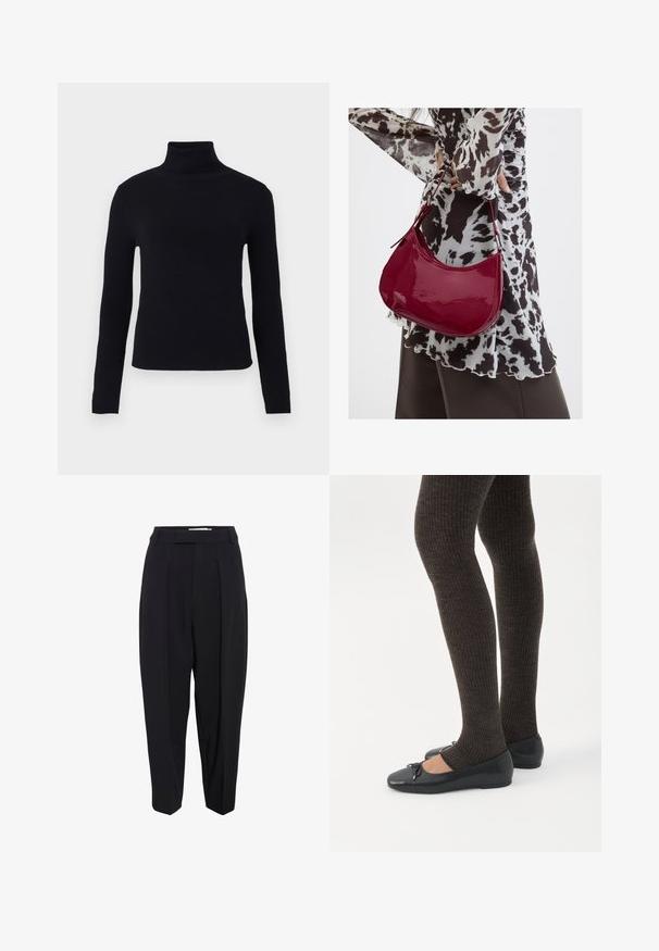 Sort turtleneck sweater med lange ærmer, glat tekstur, tætsiddende design og en tyk ribbet krave, velegnet til lag-på-lag.; Sorte skræddersyede bukser med høj talje, der har læg og en cropped, tapered buksdesign. Glat stof med en mat overflade.; Ben iført mørke ribbede leggings kombineret med sorte balletsko med små sløjfedetaljer på hvid baggrund.; Kvinde iført en sort- og hvidmønstret bluse, der holder en blank rød skuldertaske mod en ensfarvet baggrund.