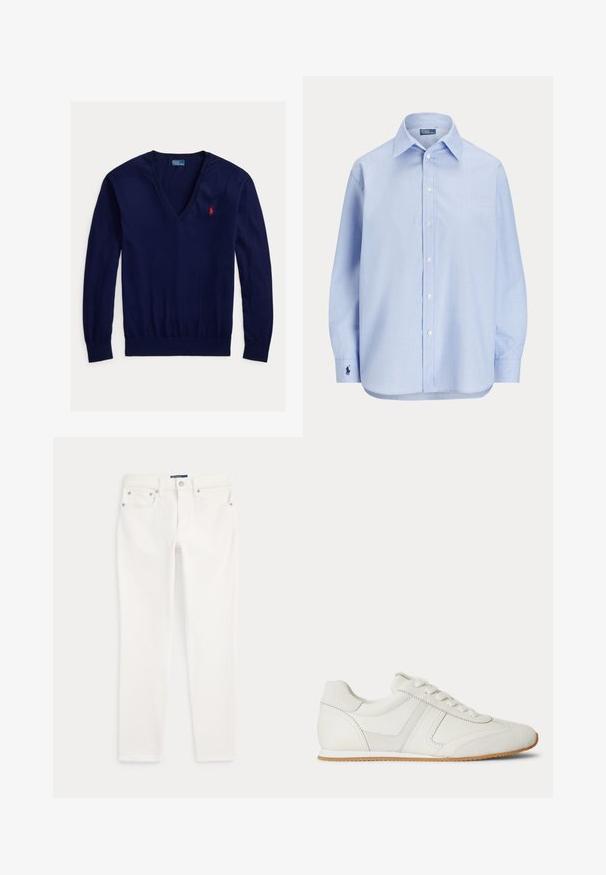 Marineblå V-hals langærmet sweater med rød broderet Polo Ralph Lauren-logo på venstre bryst samt ribstrikkede manchetter og kant.; Lyseblå langærmet skjorte med knapper, spids krave og lille broderet logo på venstre manchet.; Hvide slim-fit jeans med frontknap, bælte stropper og fem-lomme design lagt fladt på en hvid baggrund.; Hvid lavtop sneaker med snørelukning foran, ruskind- og læderpaneler og en lysebrun gummisål på en hvid baggrund.